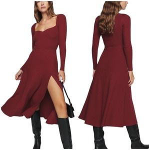 Reformation NWT Banks Rib Knit Midi Dress Chianti Red Size S Thigh Slit Stretch